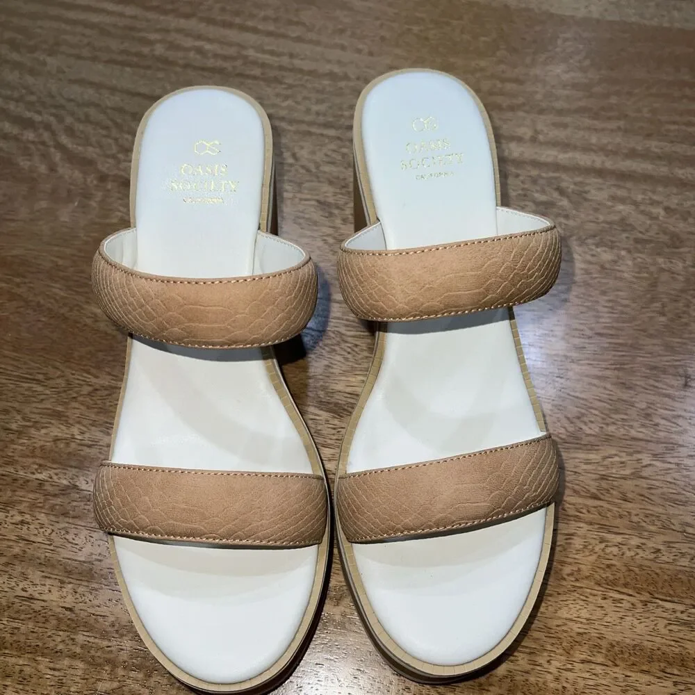 Oasis Society California Sienna Tan Double Strap Platform Slide Sandals Size 10‎